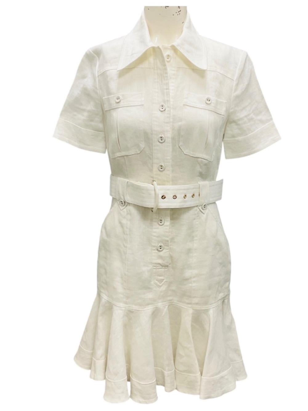 ZIMMERMANN WHITE SHORT SLEEVED LINEN SHIRT DRESS WITH BELT